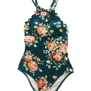 Cupshe Teal Floral One Piece Swimsuit XS Keyhole Crossback Adjustable
